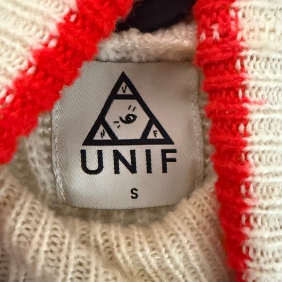 UNIF Cream Red Black Striped Trim Turtleneck Crop Knit Sweater Womens Small - Picture 2 of 5